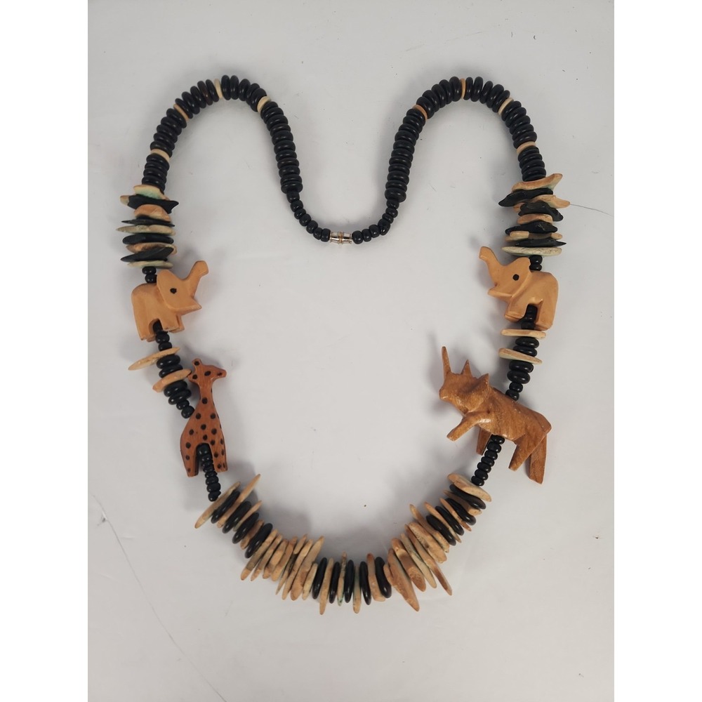 Vintage Hand Carved Wood Safari Animal Bead Necklace Elephant Giraffe Rhino 23"